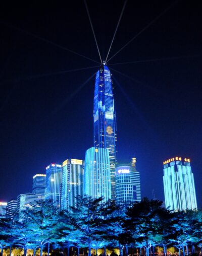 Lit building in Shenzhen by night