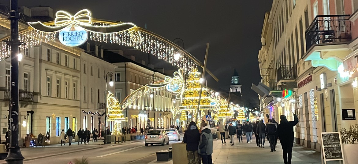 Illuminated streets of Warsaw at Christmas time