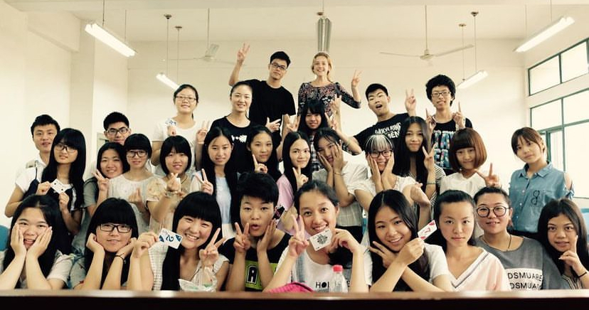 Groups of English students with their teacher, in Wuhan, China