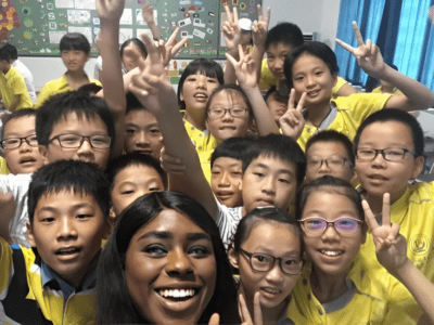 English teacher in China with her students