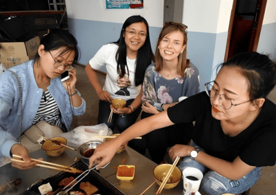 English teacher in China with her students